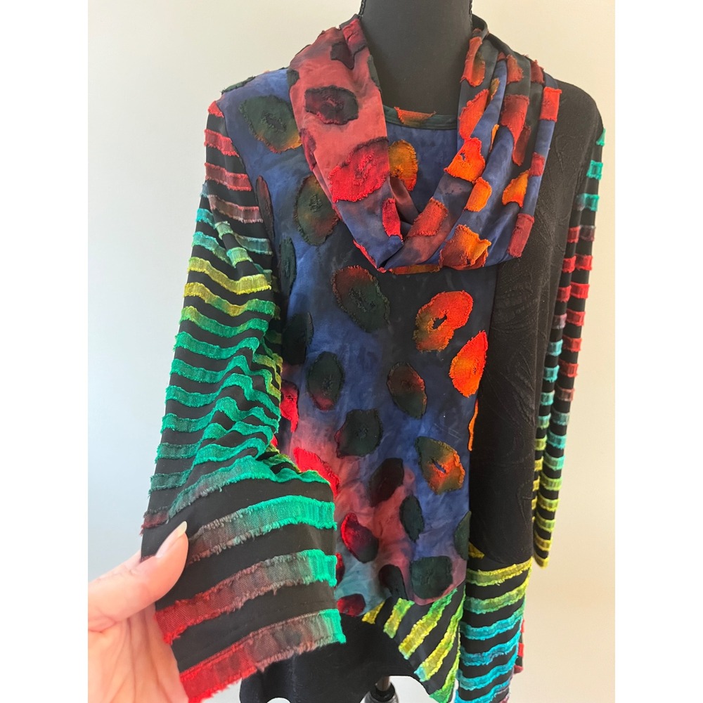 Calessa Size L Artsy Tunic Top Lagenlook Patchwork Polka Dot Striped Sleeve Boho - Picture 3 of 11